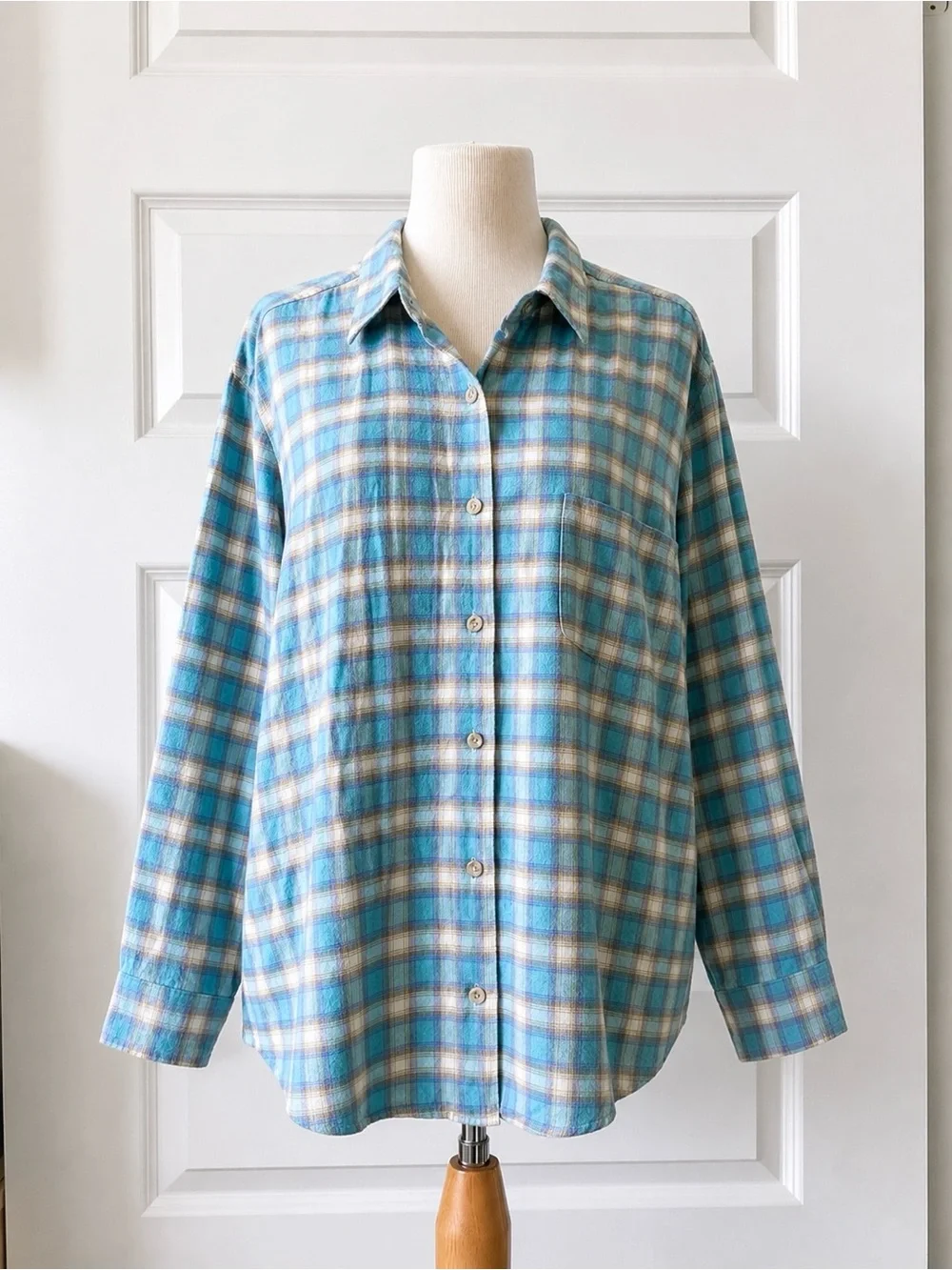 Vintage Honors Plus Size 100% Cotton Plaid Flannel Shirt 1X Teal Purple Cottagec